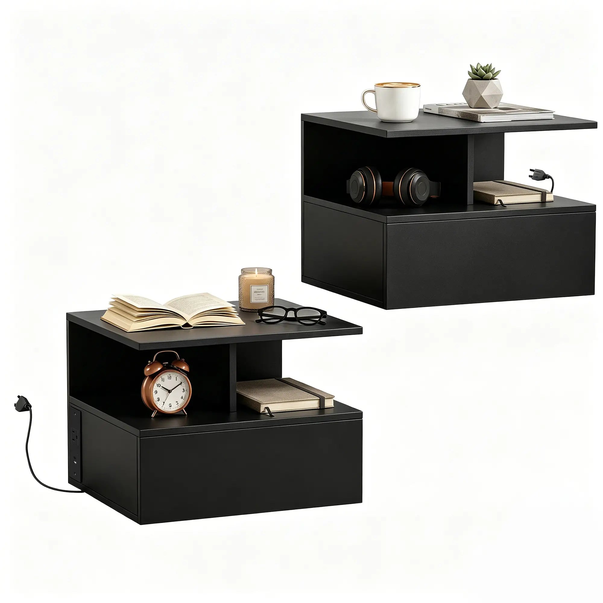 Floating Nightstand Set of 2, Wall Mounted Bedside Table with with Power Outlets, Drawer and Shelf, Black Bedside Tables at Gallery Canada