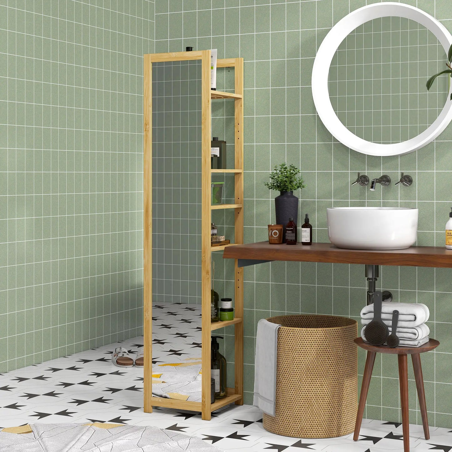 66" x 14" Standing Mirror, 6-Tier Shelf, Full Body Floor Mirror, Nature Wood Bathroom Cabinets at Gallery Canada