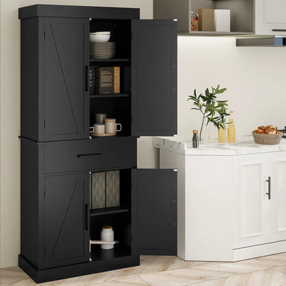 72" Kitchen Storage Cabinet, Farmhouse Pantry, 4 Barn Doors, Drawer, Adjustable Shelves, Black Kitchen Pantry Cabinets at Gallery Canada