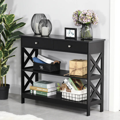 39" Narrow Console Table, Storage Shelves, Drawers, X Frame, Black Console Tables at Gallery Canada