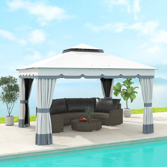 10' x 12' Double Roof Gazebo, Outdoor Shelter with Netting, Curtains Gazebos Light Grey at Gallery Canada