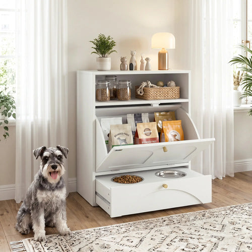 Dog Feeding Station, Food Storage Cabinet, 2 Elevated Bowls, White, White