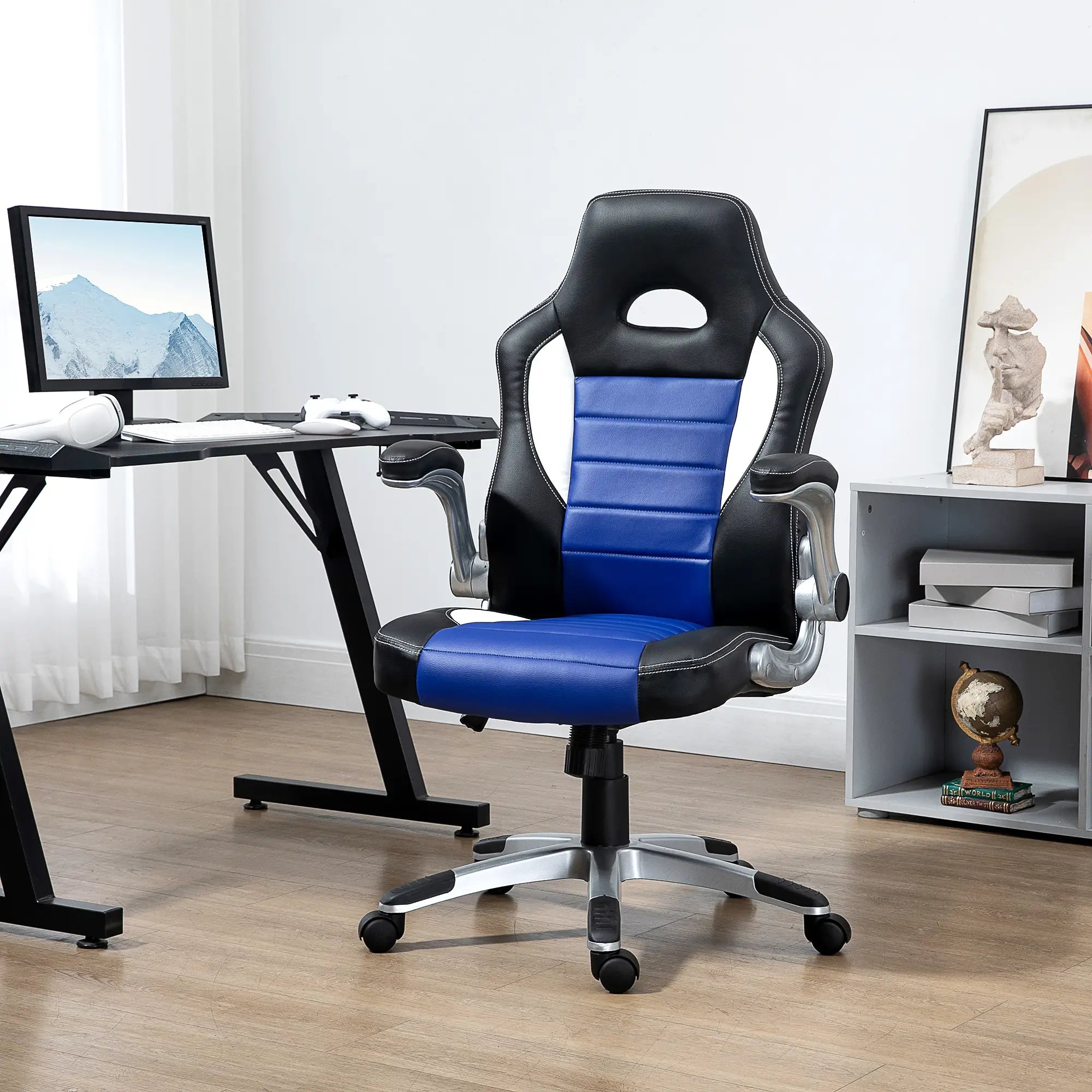 Racing Gaming Chair, PU Leather, Adjustable Height, Flip Up Armrest, Blue Video Game Chairs at Gallery Canada