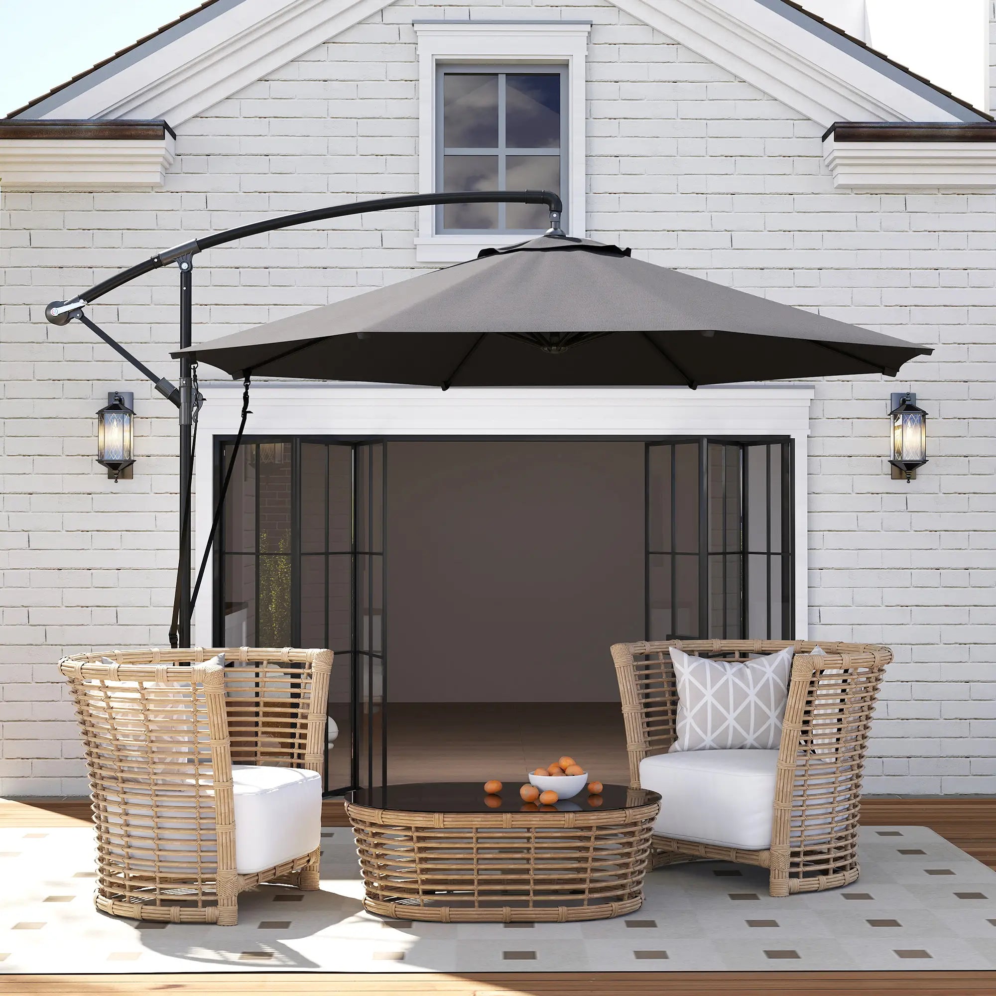 9.5' Cantilever Umbrella, Wind Protection, Crank, Cross Base, UPF 50+, Grey Offset Cantilever Umbrellas at Gallery Canada