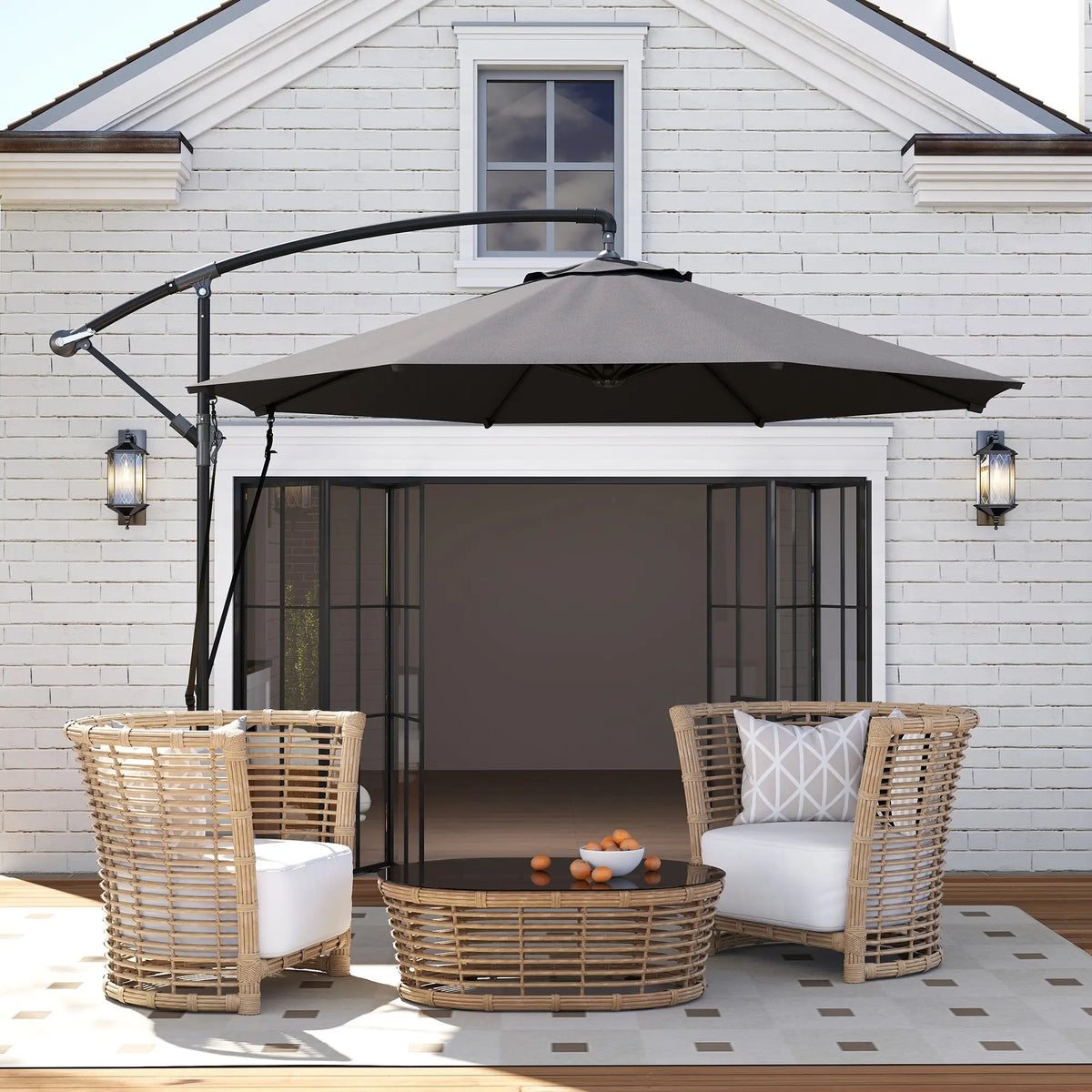 9.5' Cantilever Umbrella, Wind Protection, Crank, Cross Base, UPF 50+, Grey Offset Cantilever Umbrellas at Gallery Canada