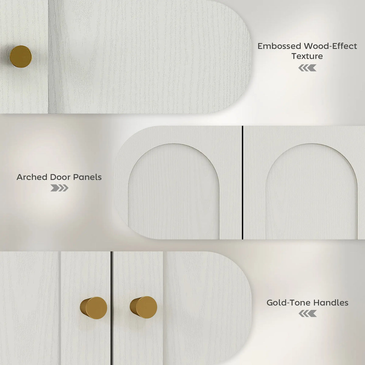 Modern Medicine Cabinet, Wood Grain, 2 Arched Doors, Gold Handles, White Bathroom Cabinets at Gallery Canada