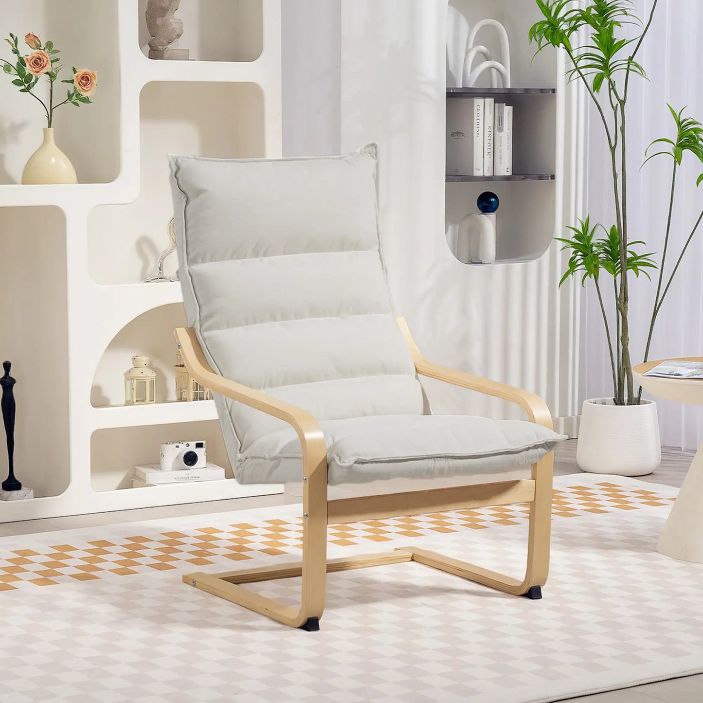 Birch Wood Fabric Modern Armchair, Curved Leg and Arm, Cream White Accent Chairs at Gallery Canada
