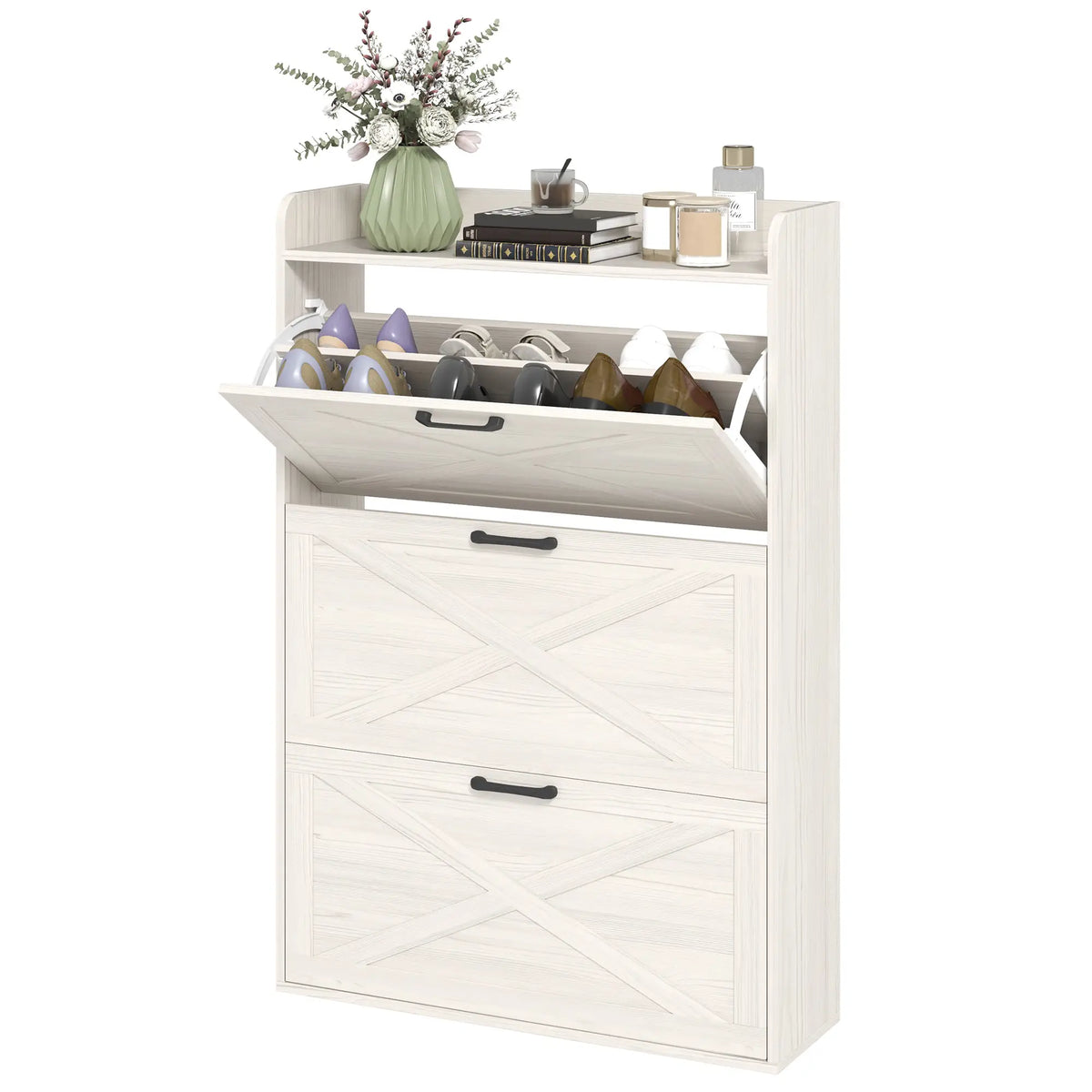 Narrow Shoe Storage Cabinet, 3 Flip Drawers, Adjustable Shelves, White Oak Shoe Storage Cabinets & Racks White Oak at Gallery Canada
