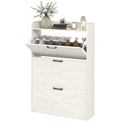 Narrow Shoe Storage Cabinet, 3 Flip Drawers, Adjustable Shelves, White Oak Shoe Storage Cabinets & Racks White Oak at Gallery Canada