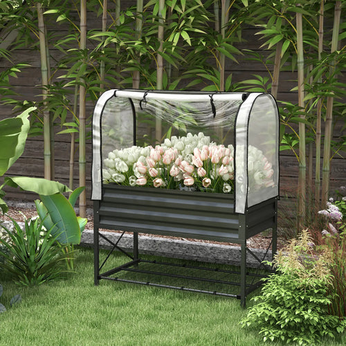 Metal Raised Garden Bed With Cover, With Bottom Shelf And Liner, Black