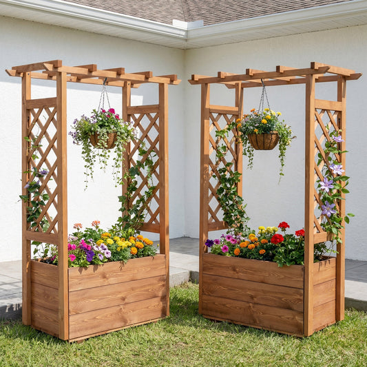 Raised Garden Bed With Lattice Trellises, Hanging Roof, Set Of 2, Orange Raised Garden Beds Orange at Gallery Canada