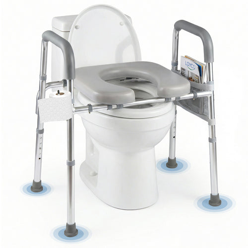 Raised Toilet Seat With Handles, Padded Arms, Silver