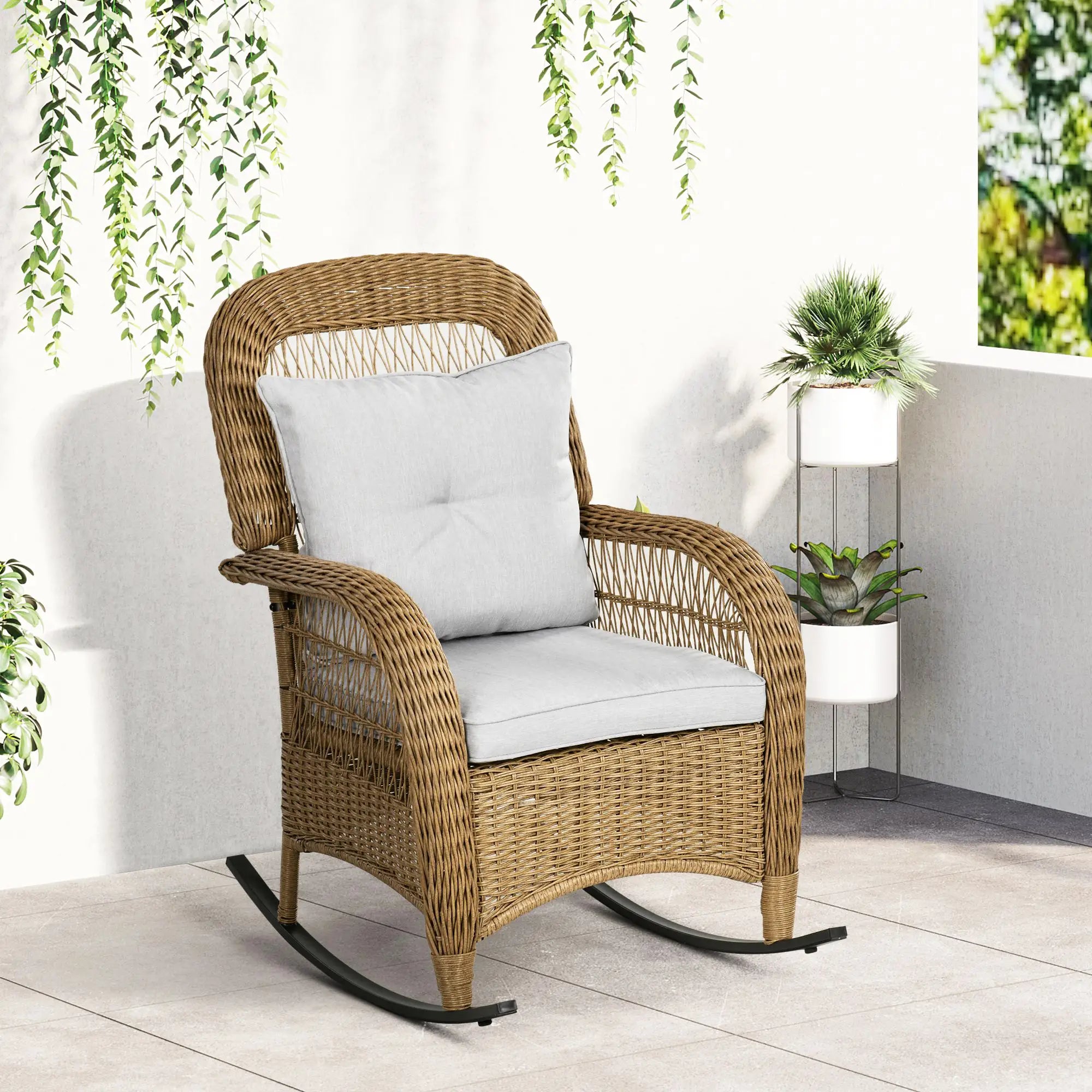 Rattan Rocking Chair With Cushion, Garden Porch Furniture, Light Grey Patio Chairs at Gallery Canada