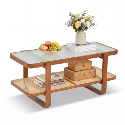 Rattan Coffee Table With Tempered Glass Top, Walnut