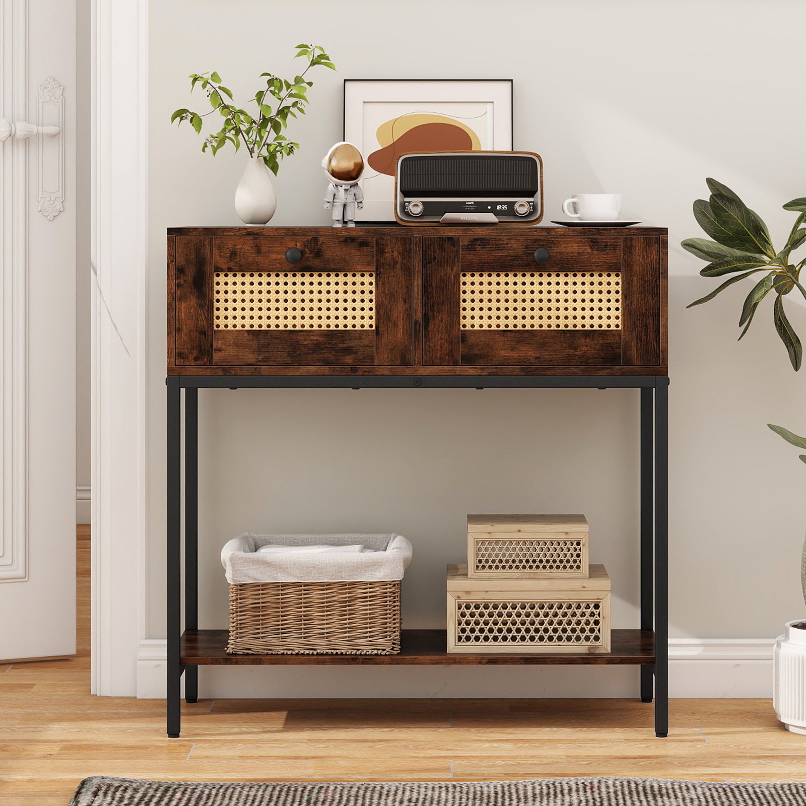 Rattan Console Table Boho Entryway Table with 2 Rattan Drawers and Open Storage Shelf, Rustic Brown Console Tables at Gallery Canada