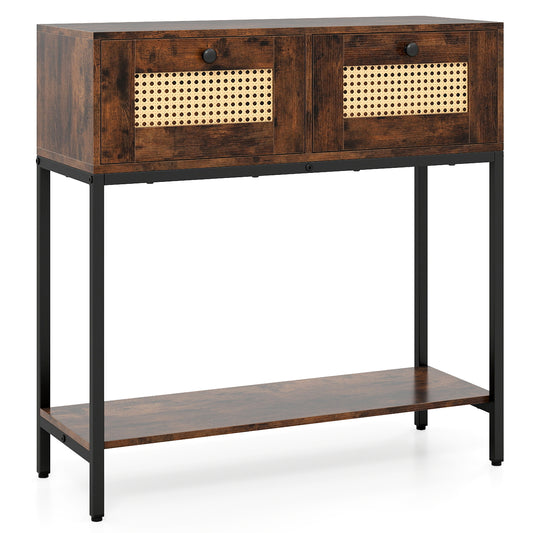 Rattan Console Table Boho Entryway Table with 2 Rattan Drawers and Open Storage Shelf, Rustic Brown Console Tables Rustic Brown at Gallery Canada