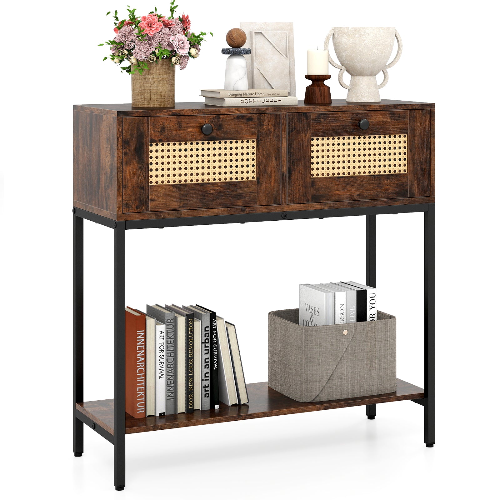 Rattan Console Table Boho Entryway Table with 2 Rattan Drawers and Open Storage Shelf, Rustic Brown Console Tables at Gallery Canada