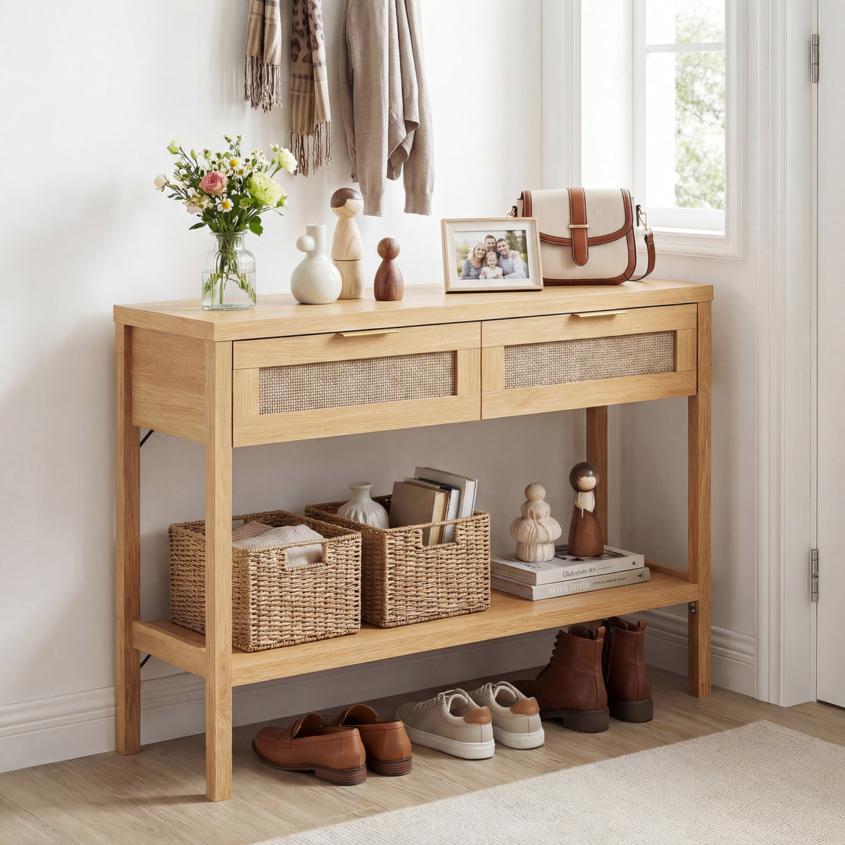 Rattan Console Table, 2 Drawers, Bottom Shelf, Natural Console Tables at Gallery Canada