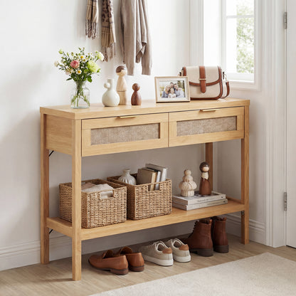 Rattan Console Table, 2 Drawers, Bottom Shelf, Natural Console Tables at Gallery Canada