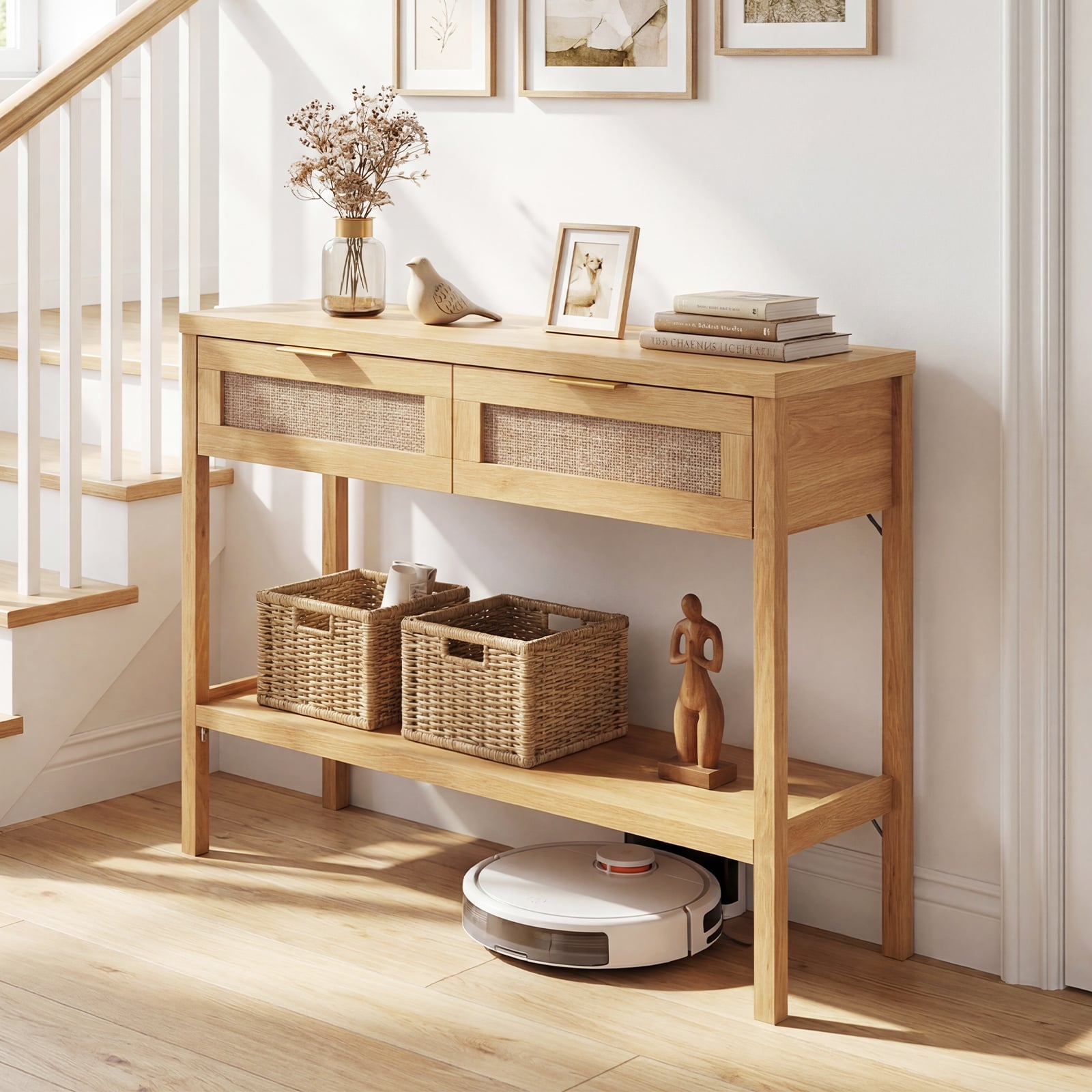Rattan Console Table, 2 Drawers, Bottom Shelf, Natural Console Tables at Gallery Canada