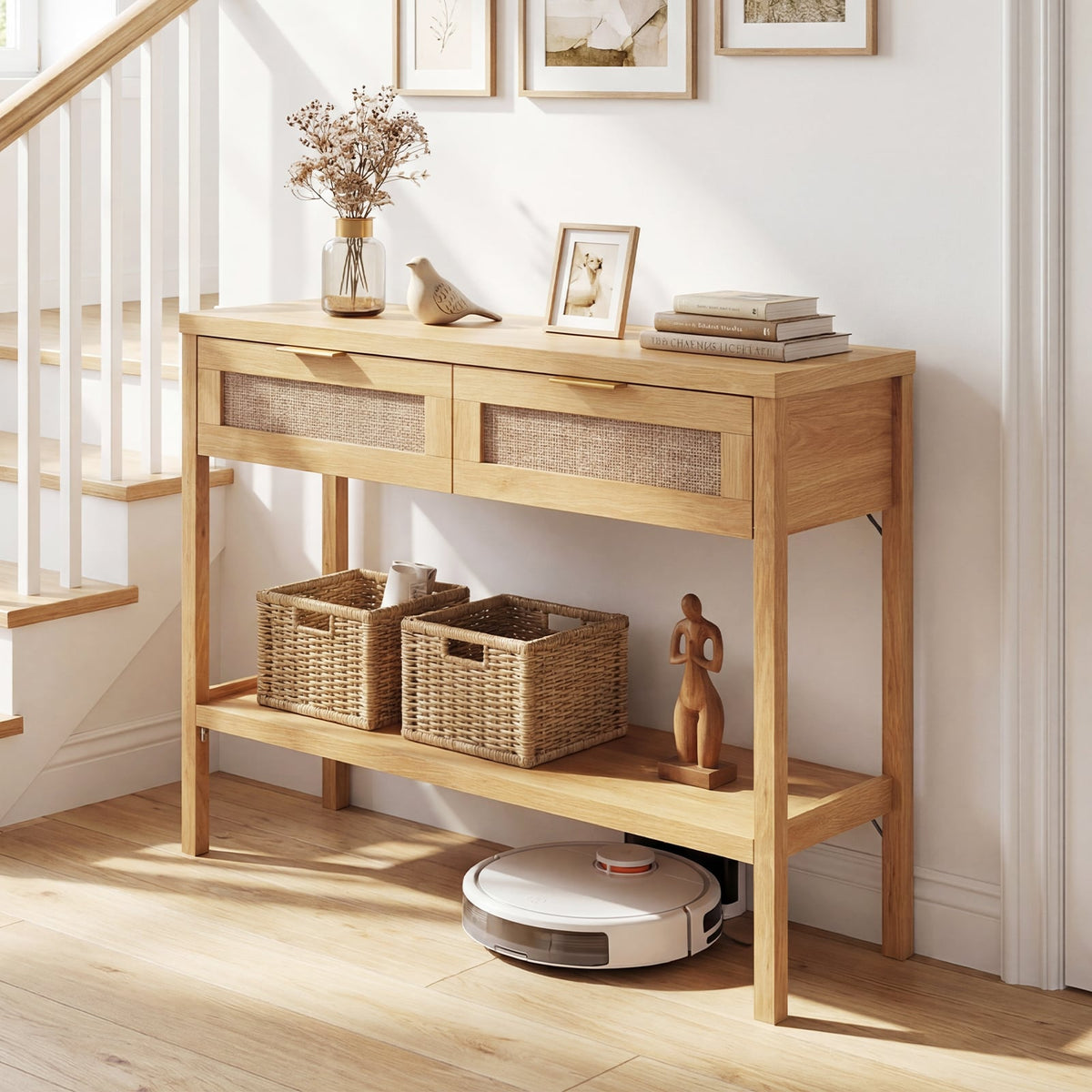 Rattan Console Table, 2 Drawers, Bottom Shelf, Natural Console Tables at Gallery Canada