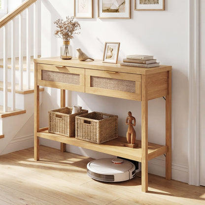 Rattan Console Table, 2 Drawers, Bottom Shelf, Natural Console Tables at Gallery Canada