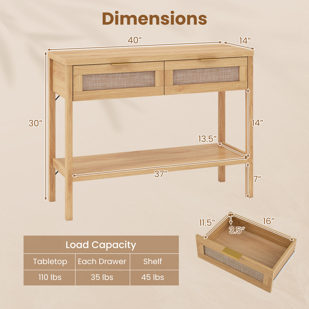 Rattan Console Table, 2 Drawers, Bottom Shelf, Natural Console Tables at Gallery Canada