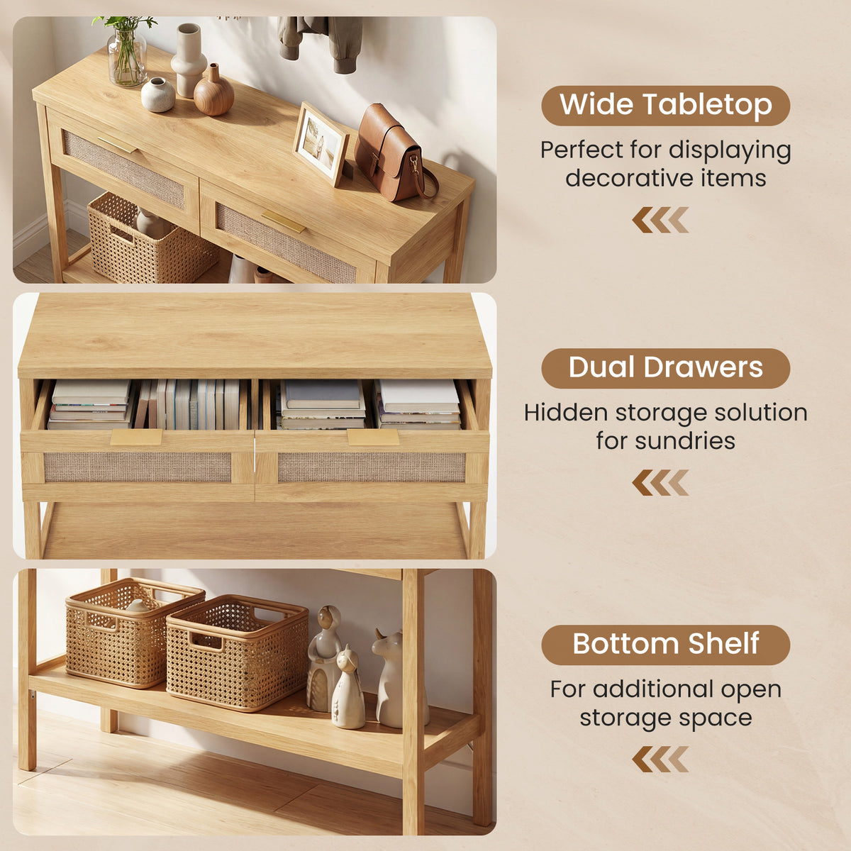 Rattan Console Table, 2 Drawers, Bottom Shelf, Natural Console Tables at Gallery Canada