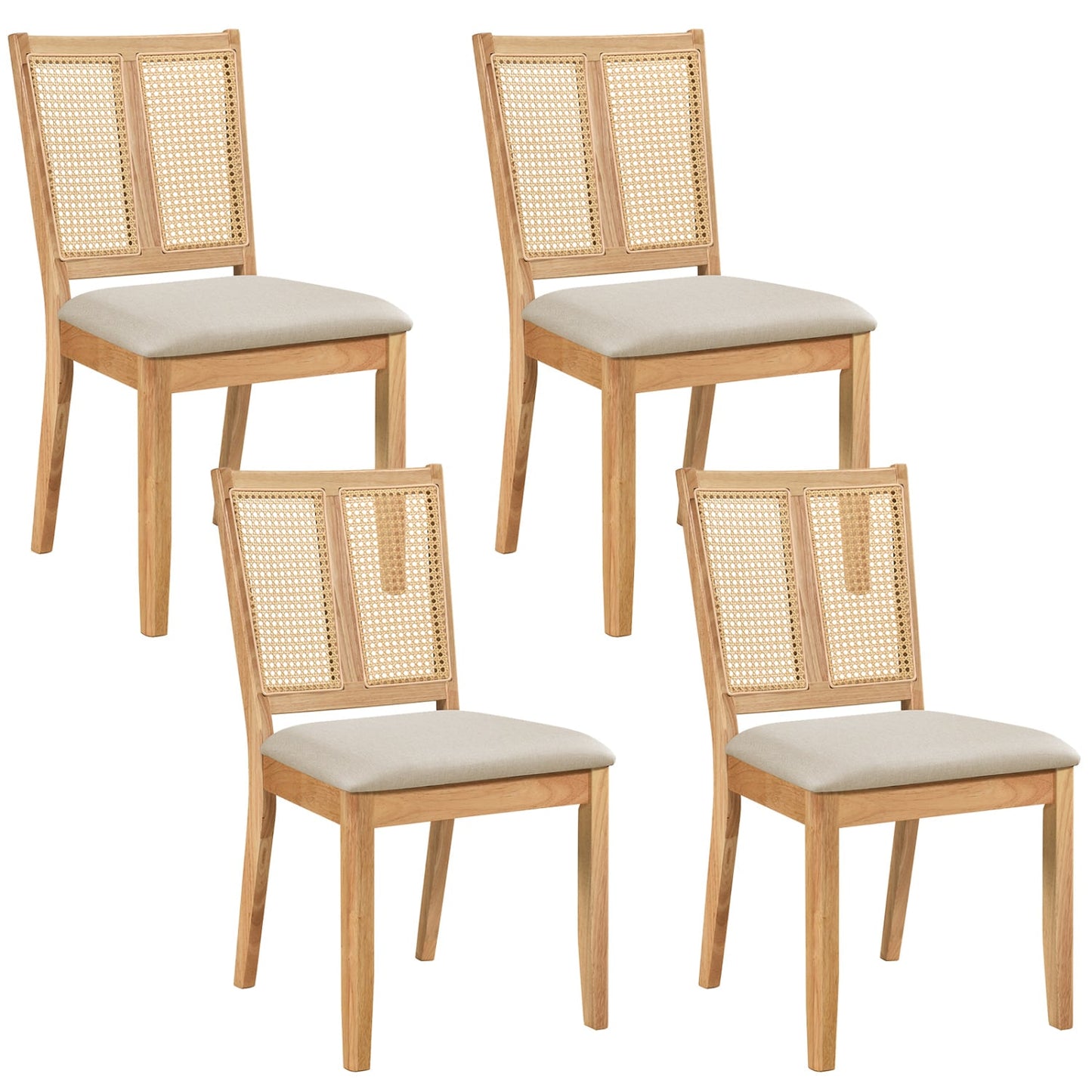 Rattan Dining Chairs Set Of 4, Curved Backrest, Padded Seat, Natural