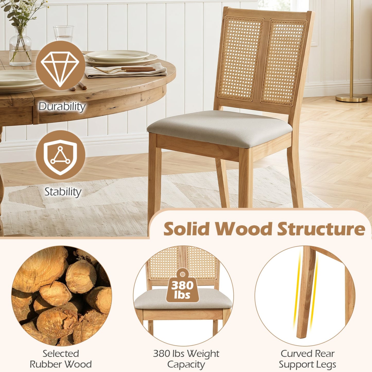 Rattan Dining Chairs Set Of 4, Curved Backrest, Padded Seat, Natural