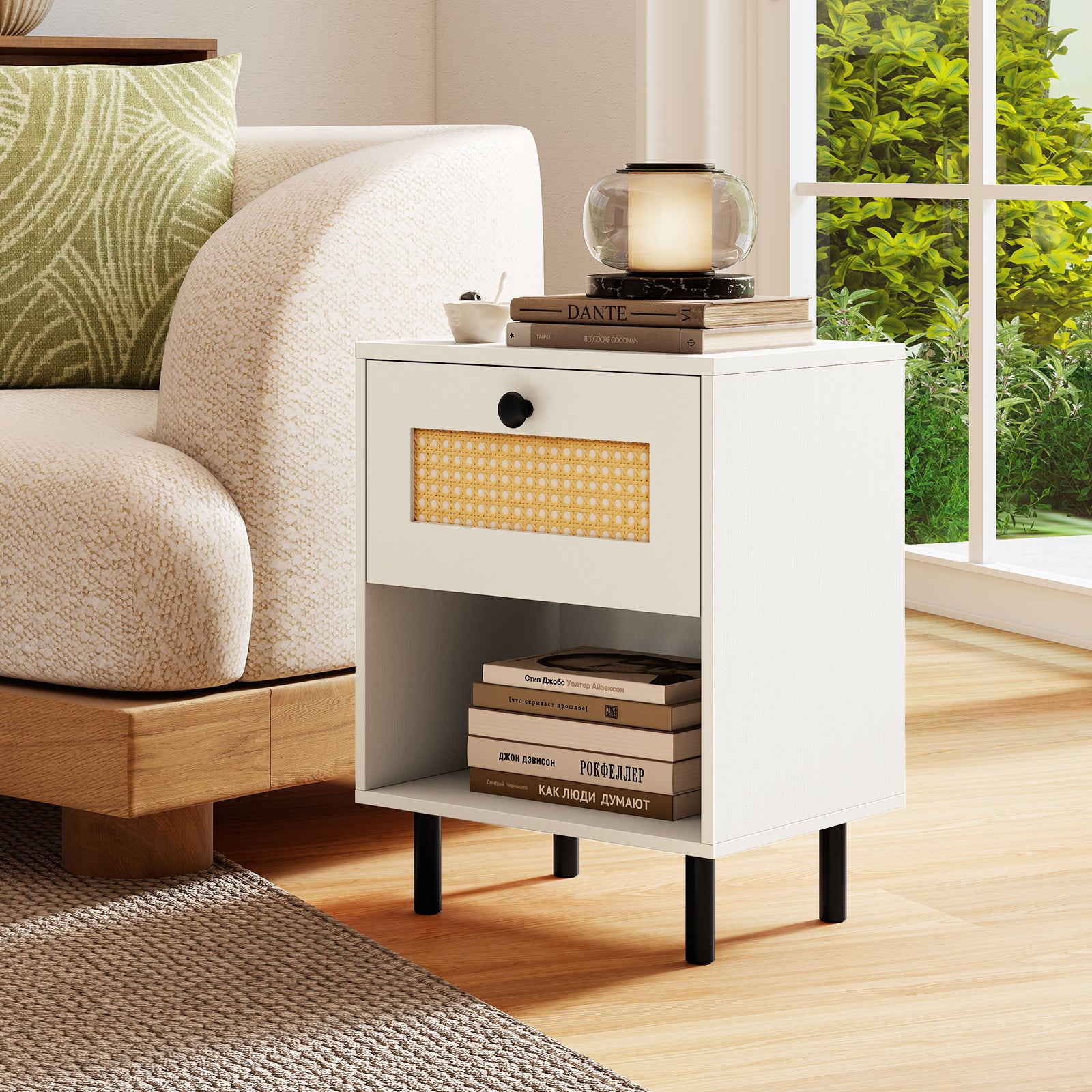 Rattan Nightstand, Boho End Table, 2-Piece Set, White Nightstands at Gallery Canada