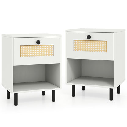 Rattan Nightstand, Boho End Table, 2-Piece Set, White Nightstands White at Gallery Canada