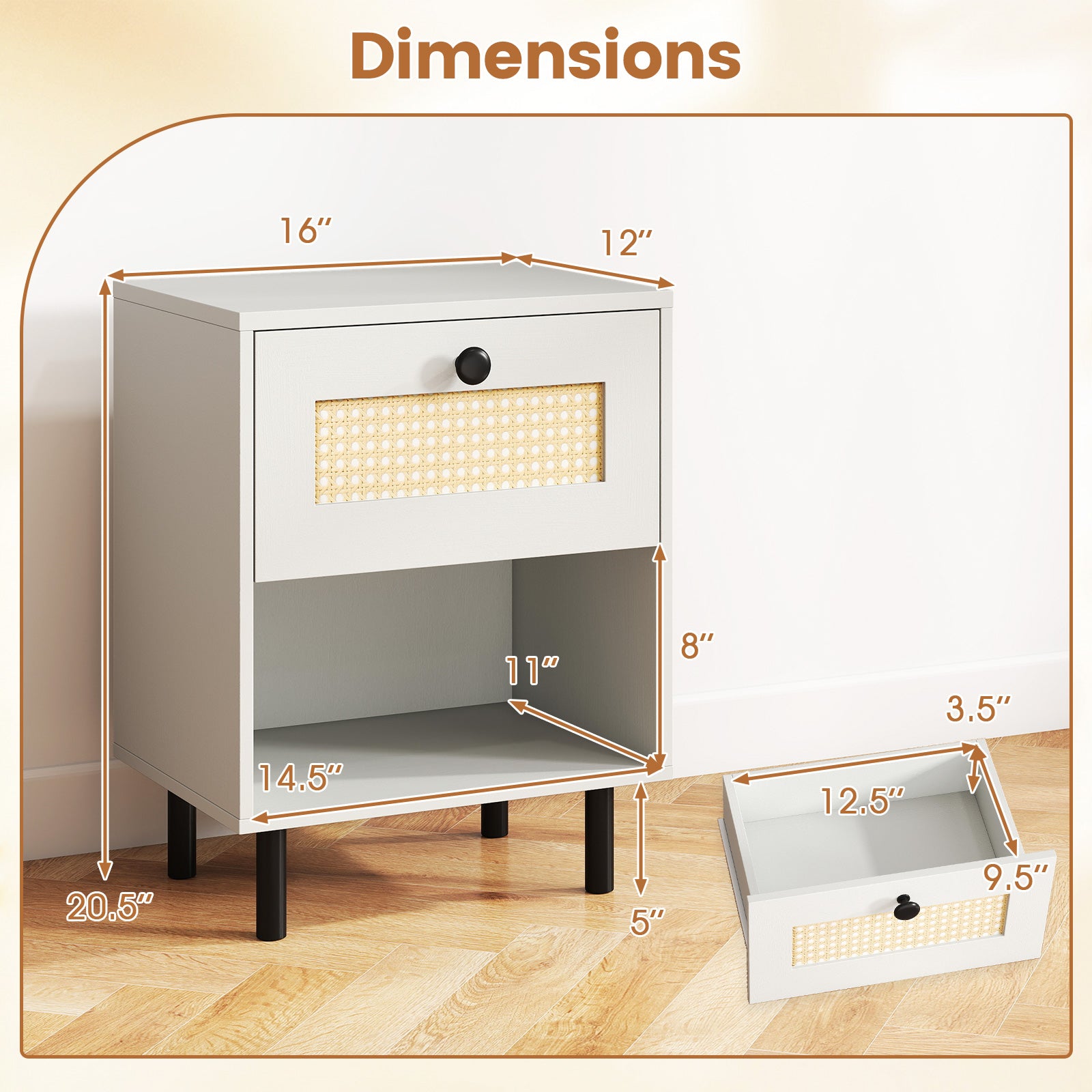 Rattan Nightstand, Boho End Table, 2-Piece Set, White Nightstands at Gallery Canada