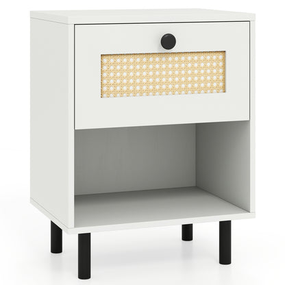 Rattan Nightstand, Boho End Table, With Drawer And Shelf, White Bedroom White at Gallery Canada