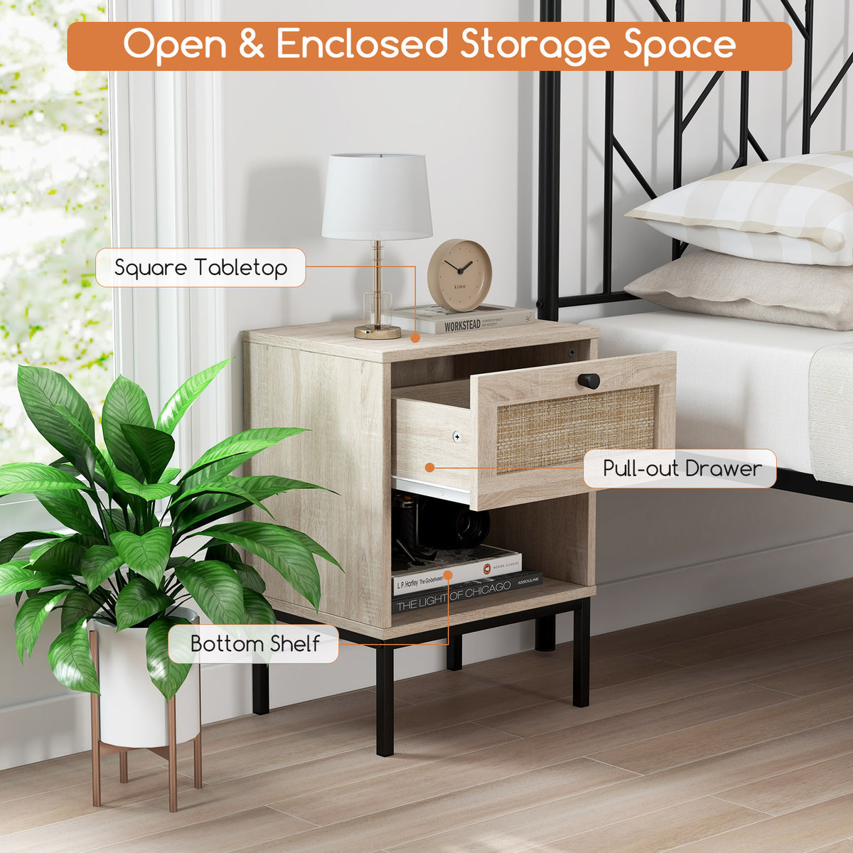 Rattan Nightstand With Drawer And Shelf, Oak Nightstands at Gallery Canada
