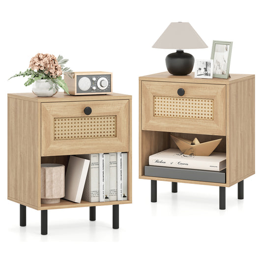 Rattan Nightstand, Boho End Table With Drawer, Open Shelf, Set Of 2, Natural Nightstands Natural at Gallery Canada