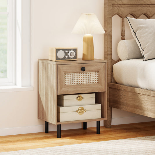 Rattan Nightstand, Boho End Table With Drawer, Open Shelf, Set Of 2, Natural Nightstands Natural at Gallery Canada