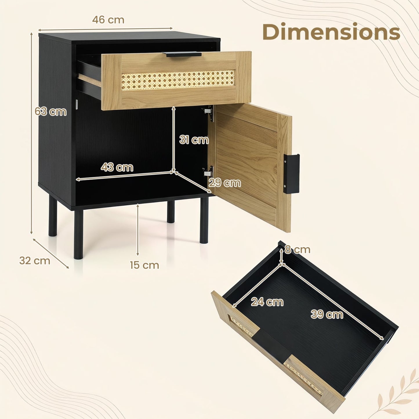 Table de nuit en rotin avec tiroir, placard, noir