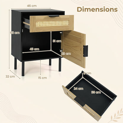 Table de nuit en rotin avec tiroir, placard, noir