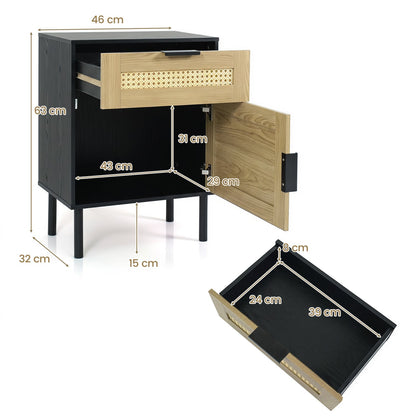 Table de nuit en rotin avec tiroir, placard, noir