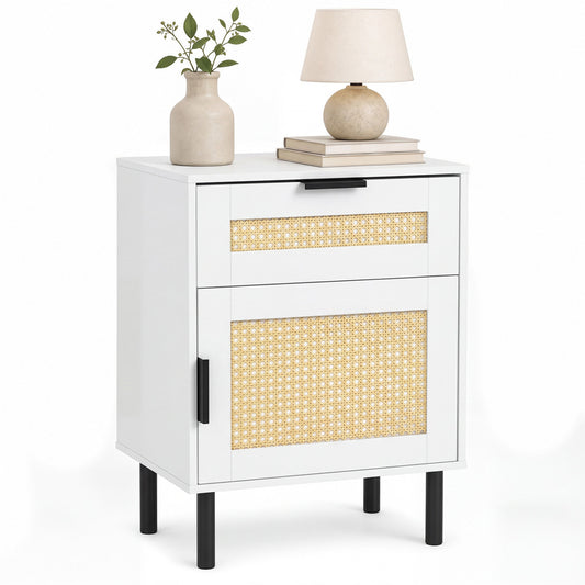 Rattan Nightstand with Drawer, Storage Cabinet, White Nightstands White at Gallery Canada