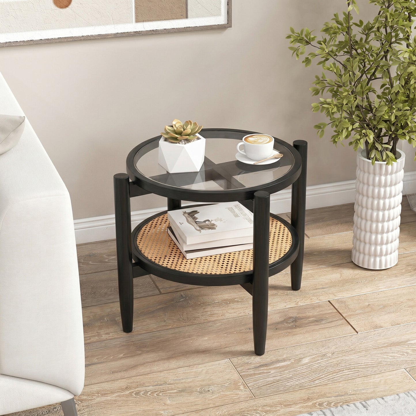 Rattan Round Side End Table with Tempered Glass Tabletop, Black End & Side Tables at Gallery Canada