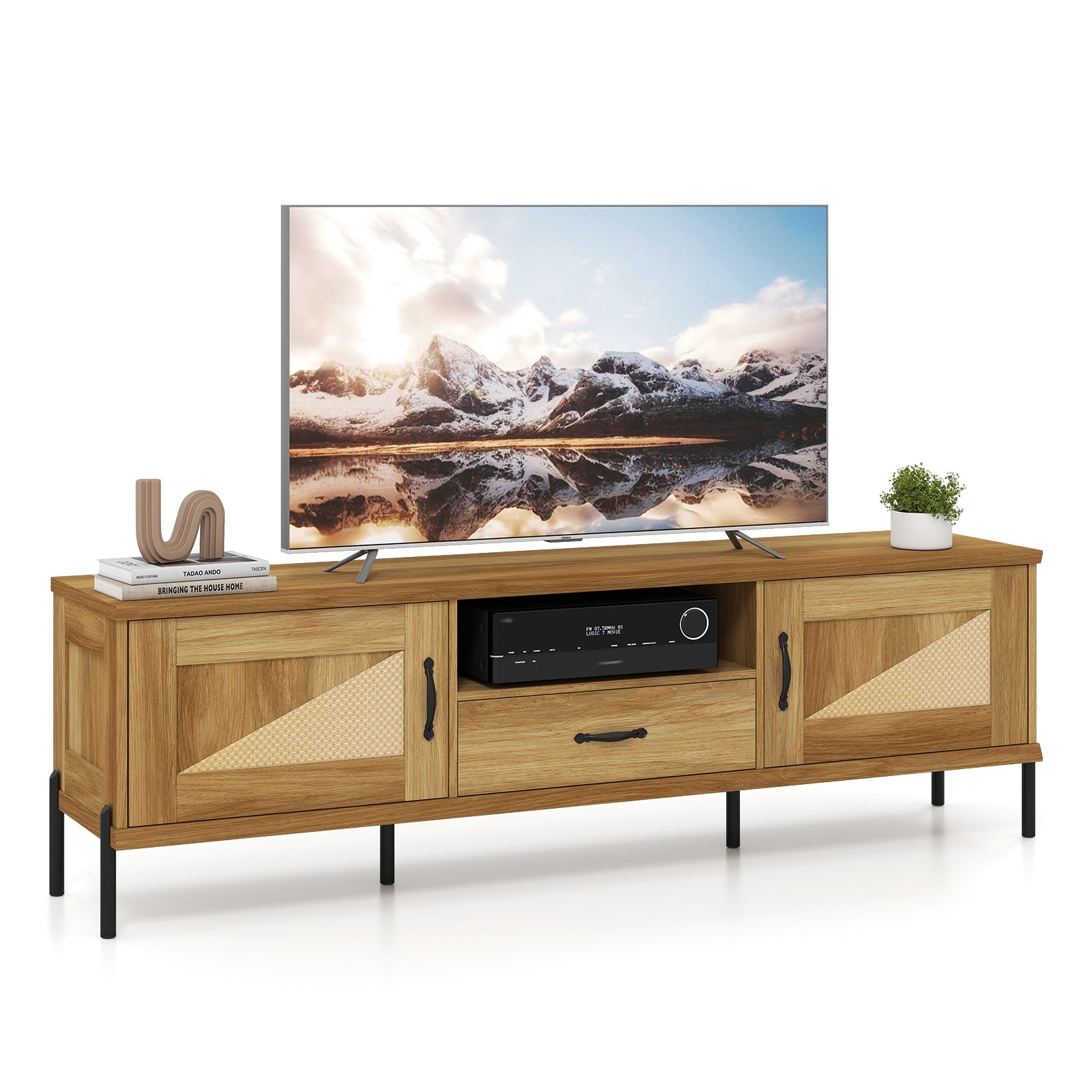 Rattan TV Stand, 80 Inch, Mid Century Modern, 2 Storage Cabinets, Natural Entertainment Centers & TV Stands at Gallery Canada