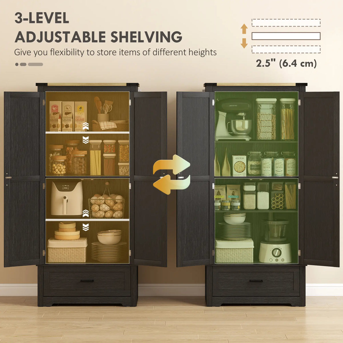 69" Tall Kitchen Pantry Cabinet, 2 Doors, Drawer, Adjustable Shelves, Black Brown Kitchen Pantry Cabinets at Gallery Canada