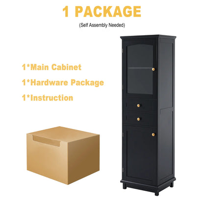 Bathroom Storage Cabinet, Glass Doors, Adjustable Shelves, 18" L x 14" W x 63" H, Black Bathroom Cabinets at Gallery Canada