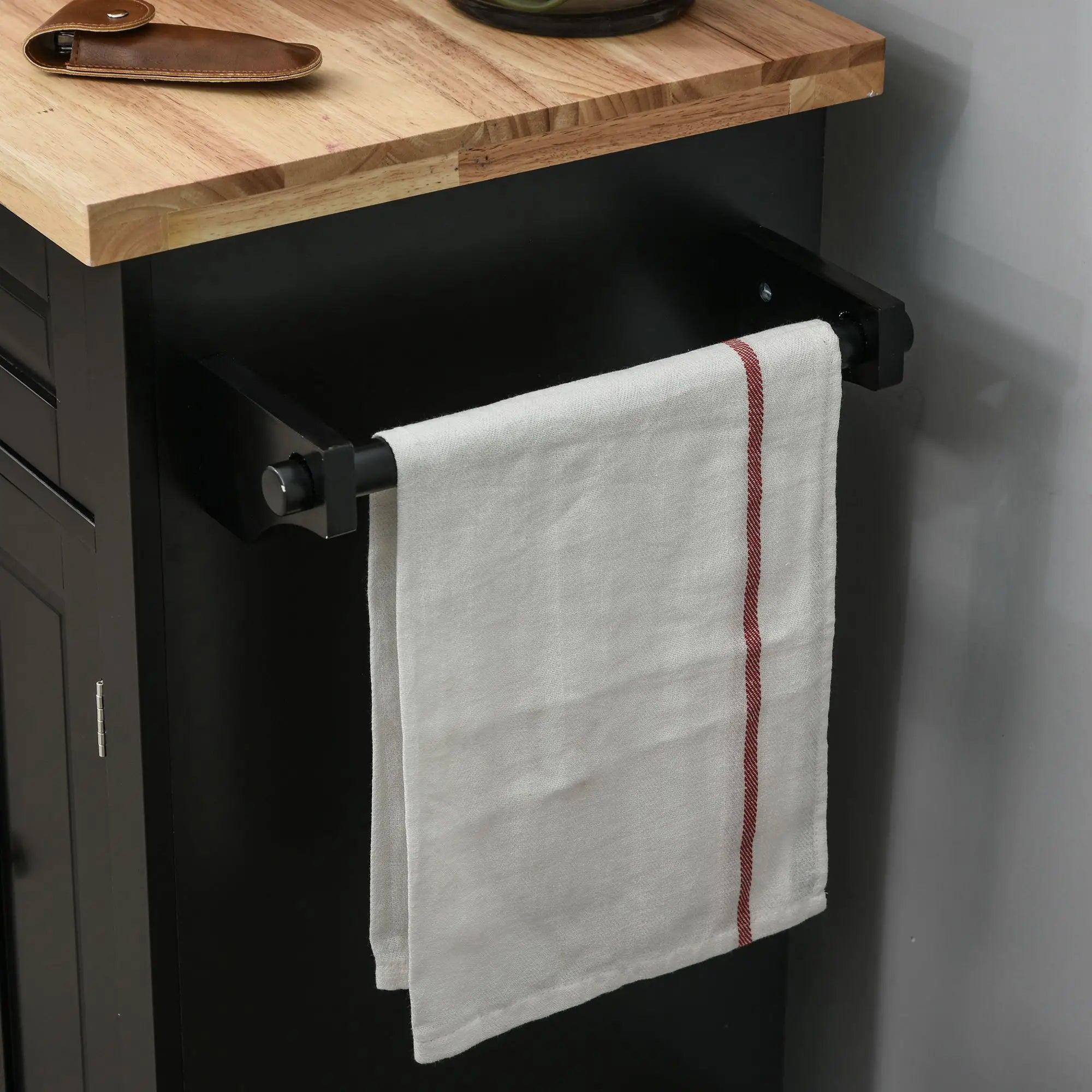 Kitchen Island with Storage, Rolling Trolley Cart with Rubber Wood Top, Spice Rack, Towel Rack, Black Kitchen Islands & Kitchen Carts at Gallery Canada