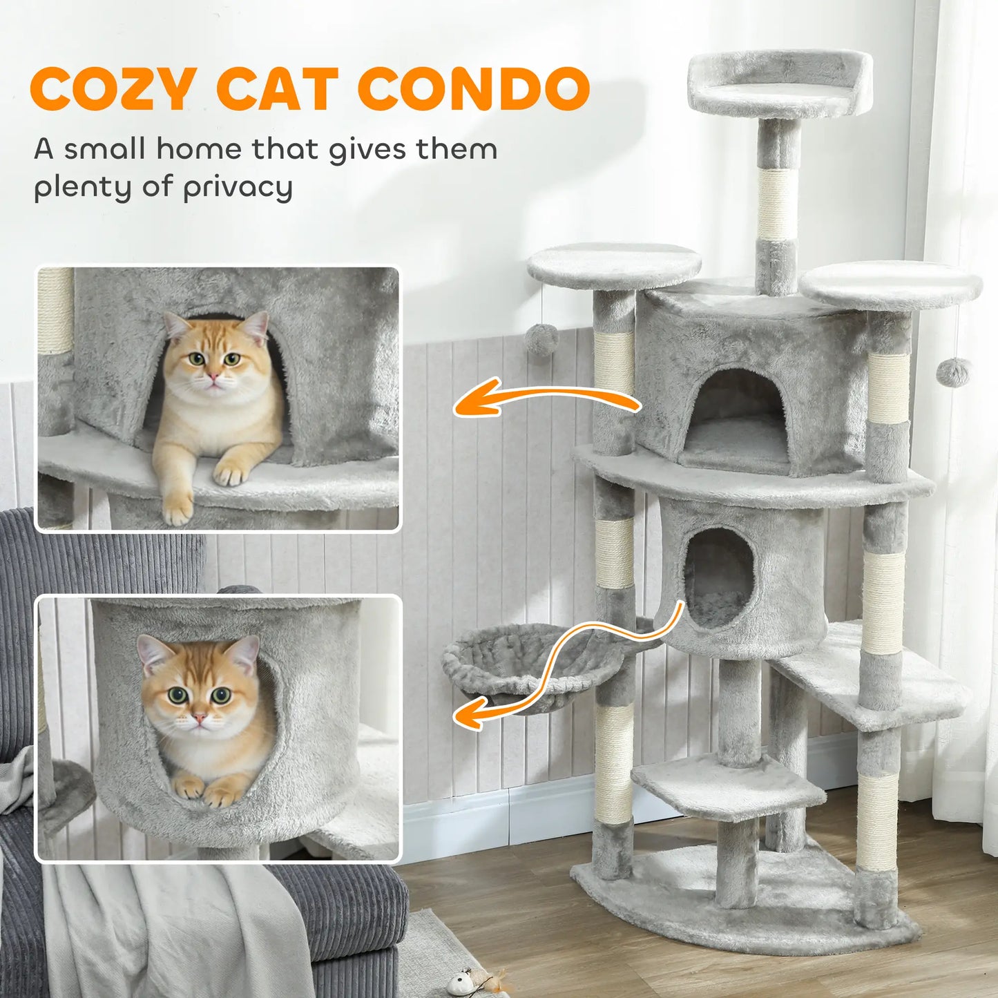 62" Cat Tree With Scratching Post, 2 Condos, Hammock, Light Grey Multi-Level Cat Towers at Gallery Canada