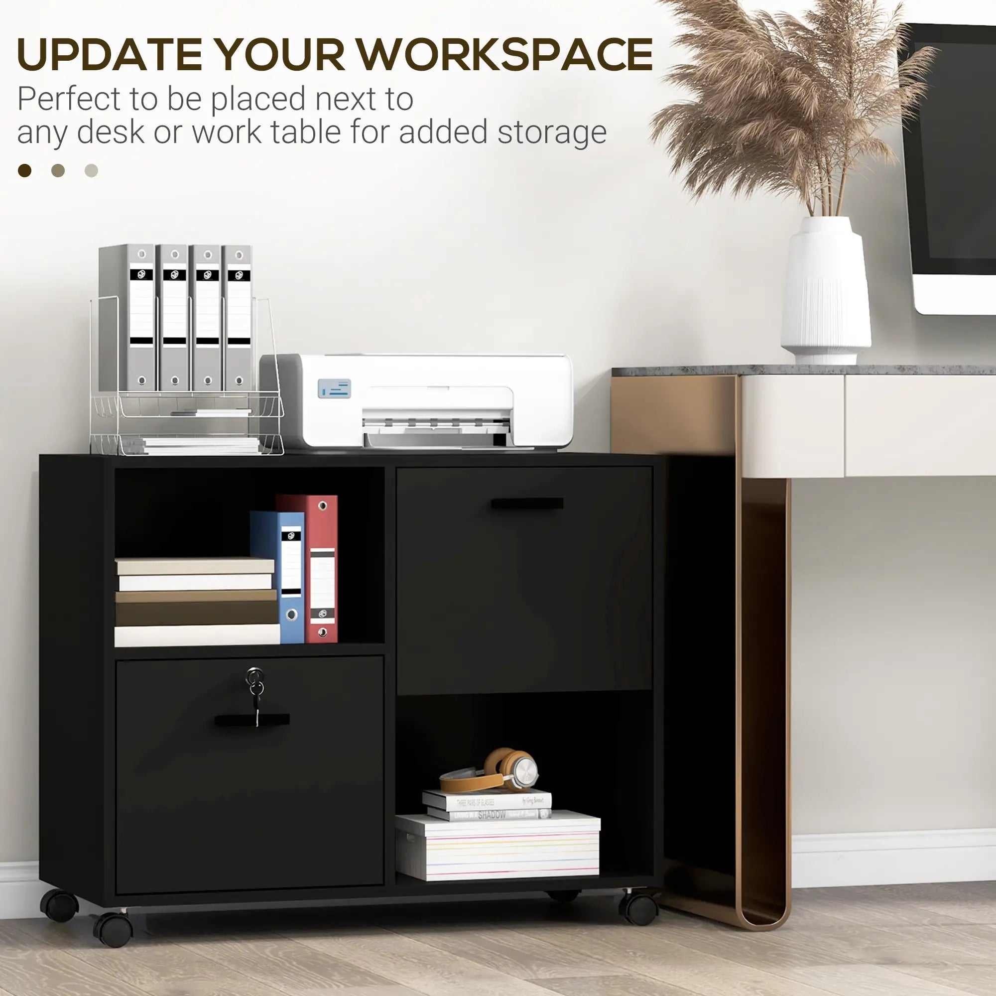 Mobile Printer Stand, Lateral File Cabinet with Lock, A4 Size, Black Office Cabinets & Cupboards at Gallery Canada