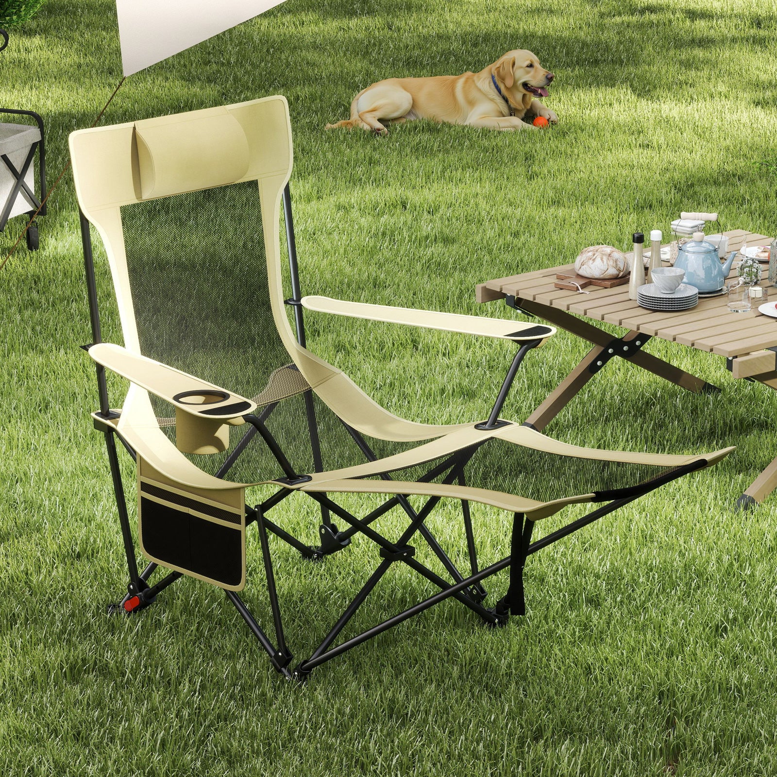 Reclining Camping Chair, Removable Footrest, Adjustable Backrest, Green Outdoor at Gallery Canada