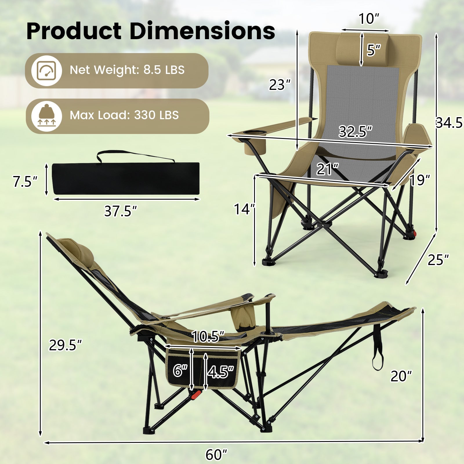 Reclining Camping Chair, Removable Footrest, Adjustable Backrest, Green Outdoor at Gallery Canada